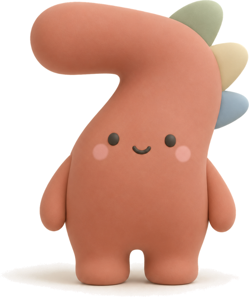 Siete, el personaje de Seven Kids: una figura suave con forma de número siete y hojitas pastel.